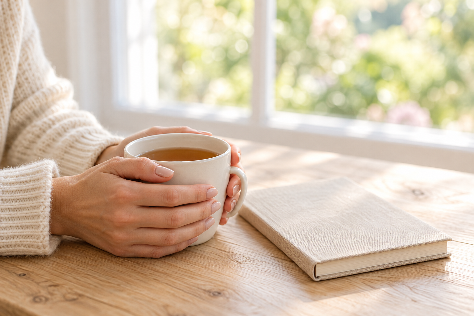 Hands holding a cup of tea beside a closed notebook on a wooden table by a bright window