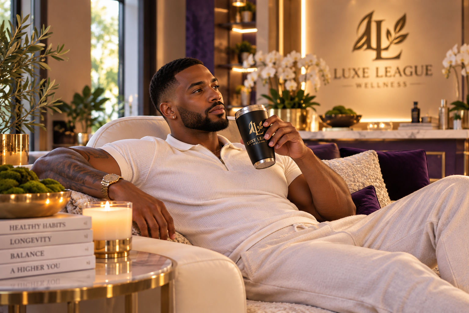 Man relaxing in a wellness lounge with a Luxe League Wellness tumbler.