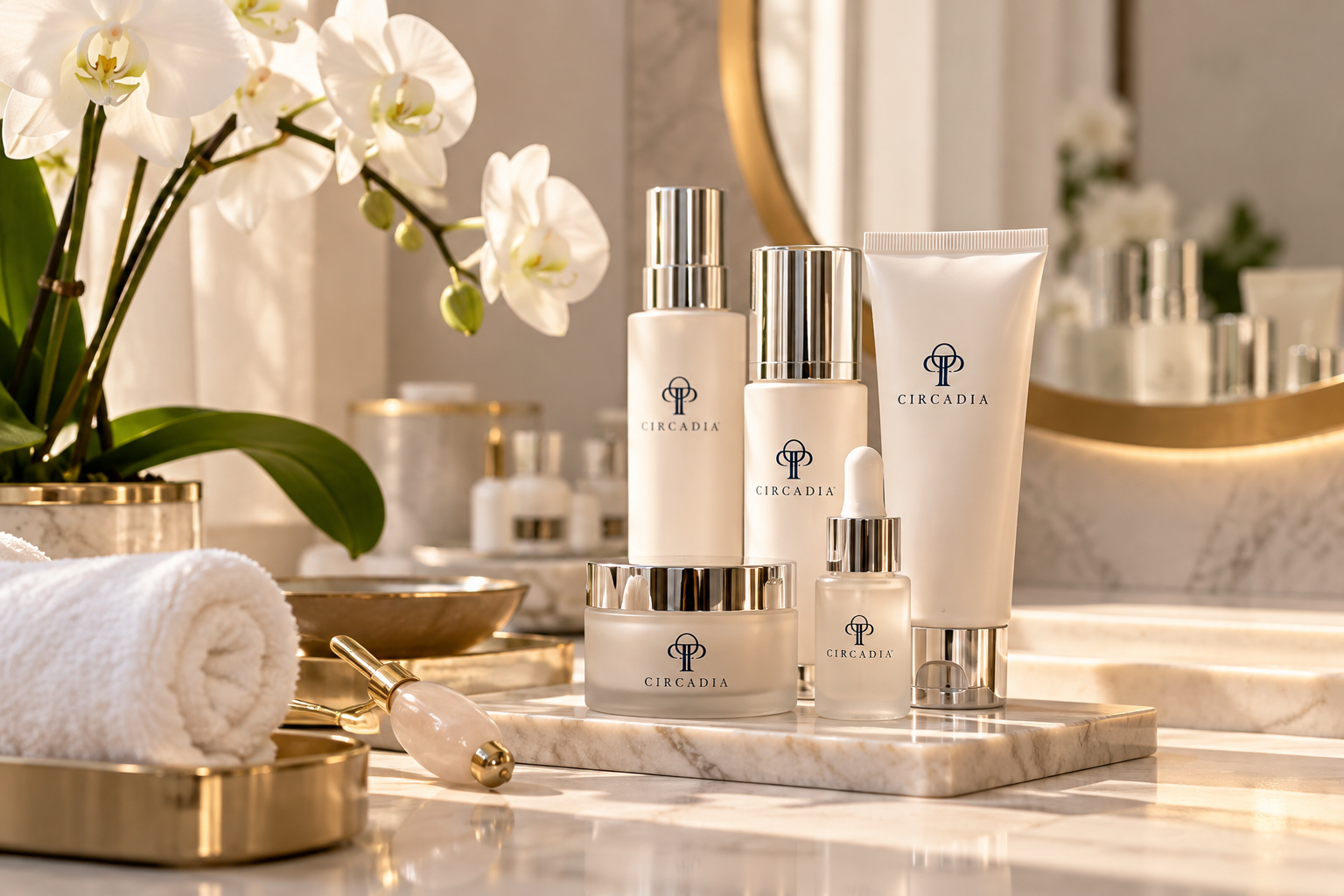 Circadia professional skincare products displayed in an elegant bathroom setting.