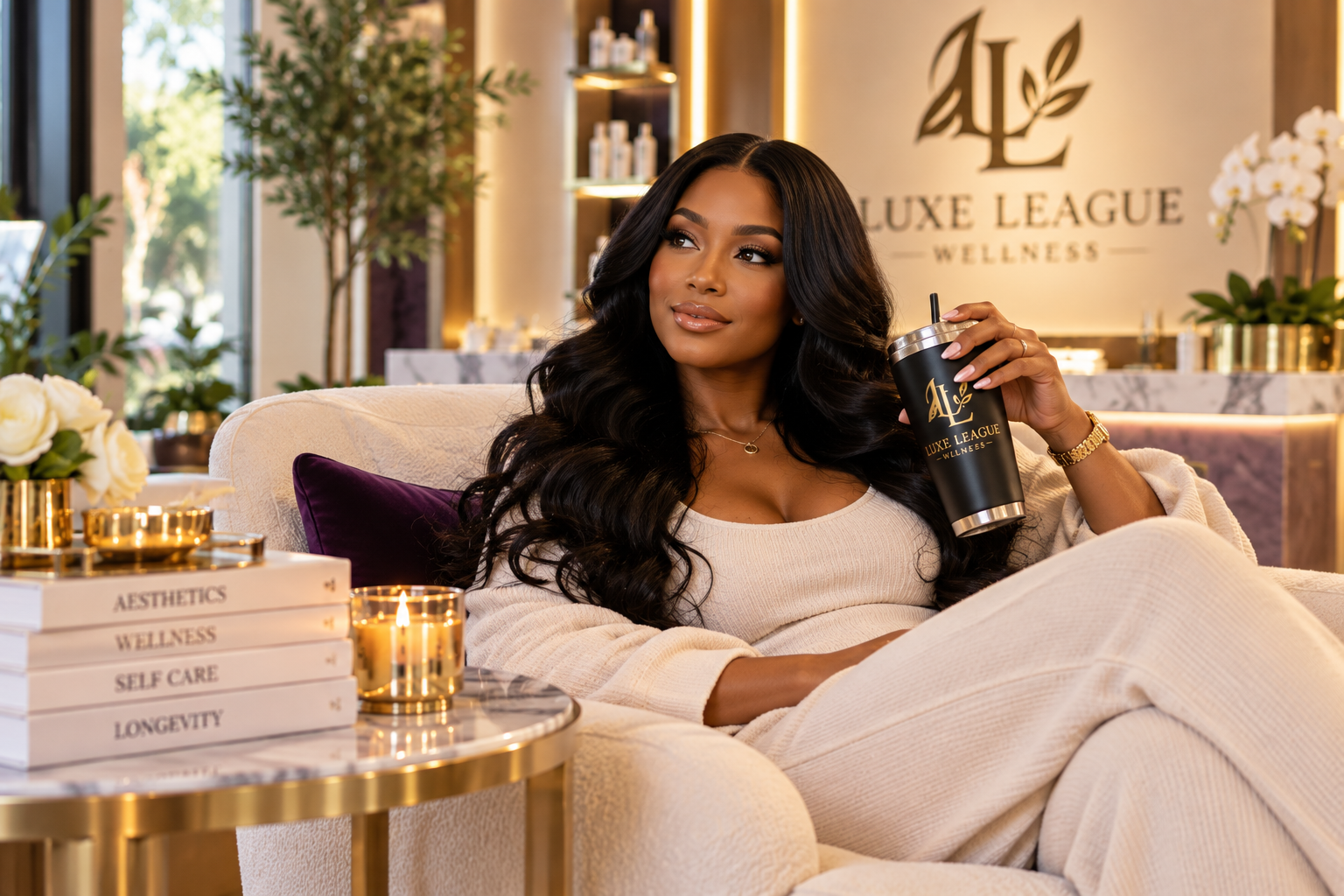Woman relaxing in a luxury wellness setting with a Luxe League Wellness tumbler.
