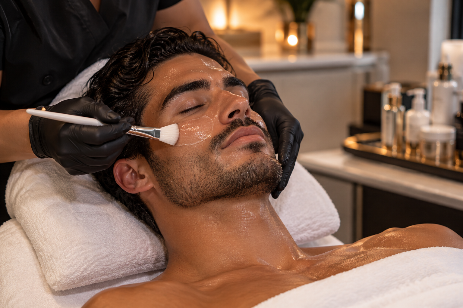 Man receiving a facial treatment from a skincare professional.
