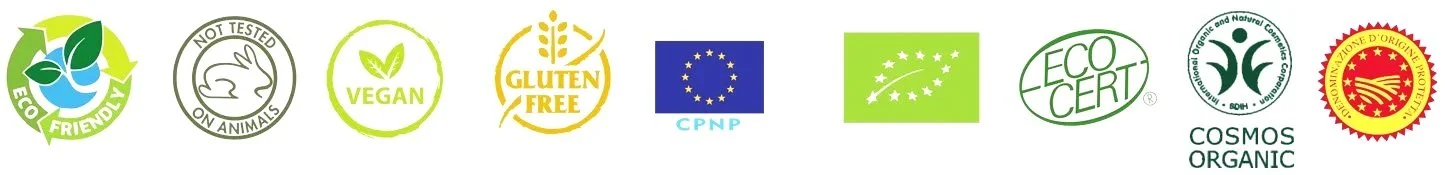 Series of certification logos including ECO-friendly, not tested on animals, vegan, gluten-free, EU organic, organic, eco cert, Cosmos organic, and USDA Organic.