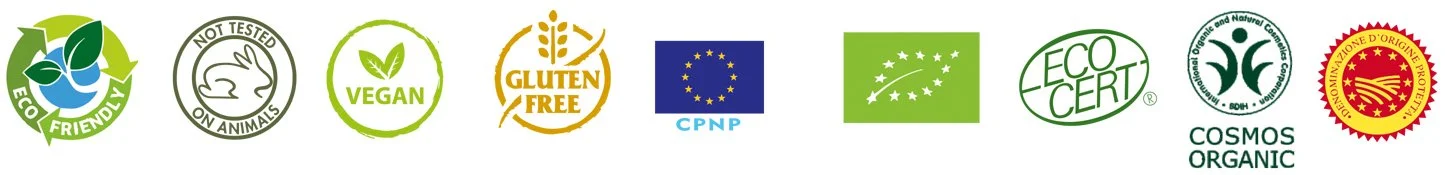 Collection of nine certification symbols including eco-friendly, animal testing not tested, vegan, gluten-free, European Union organic, European organic, eco certification, Cosmos organic, and USDA organic labels.