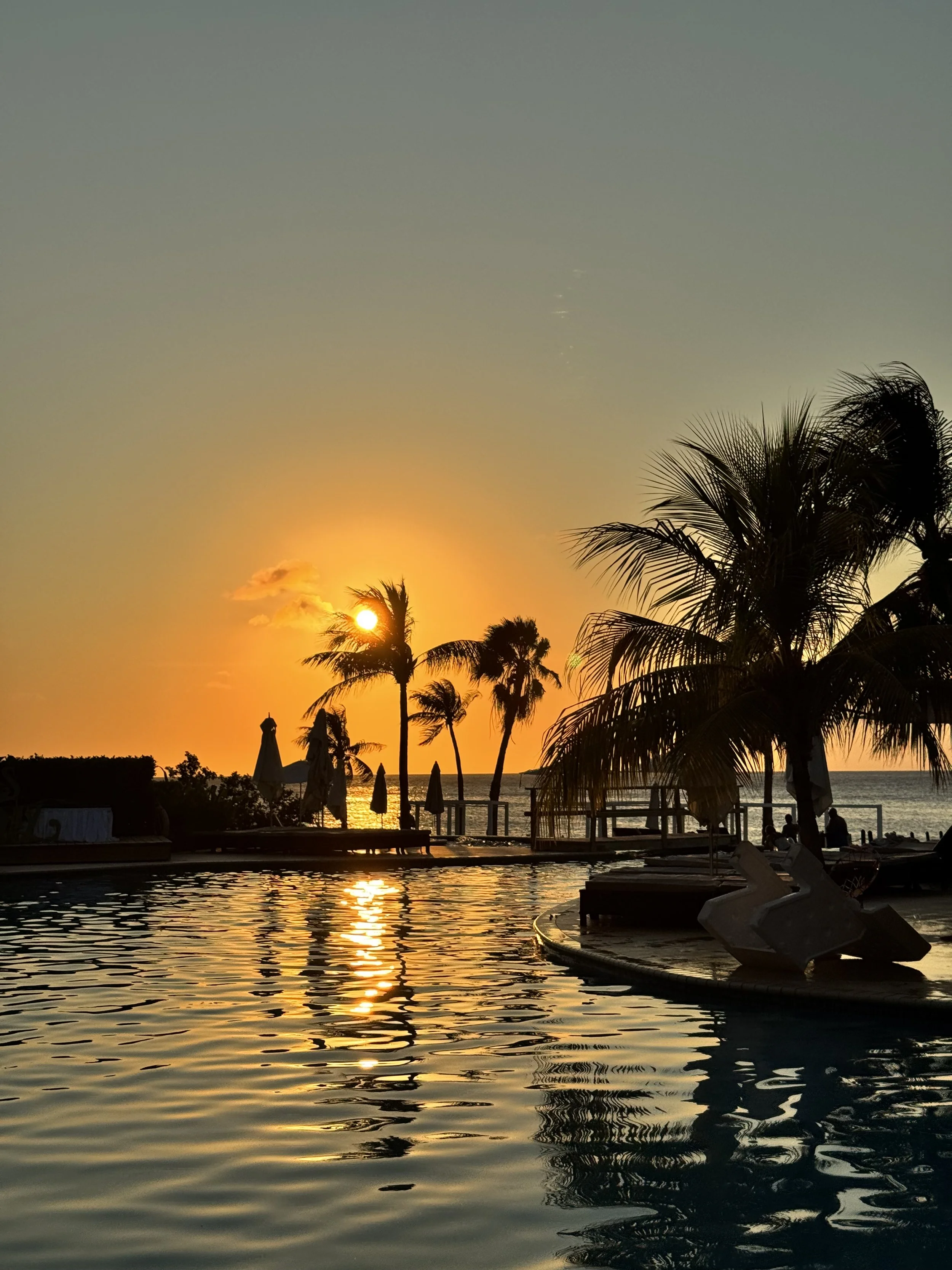 Sunset over a tropical resort with palm trees, a pool reflecting the sky, and people relaxing.