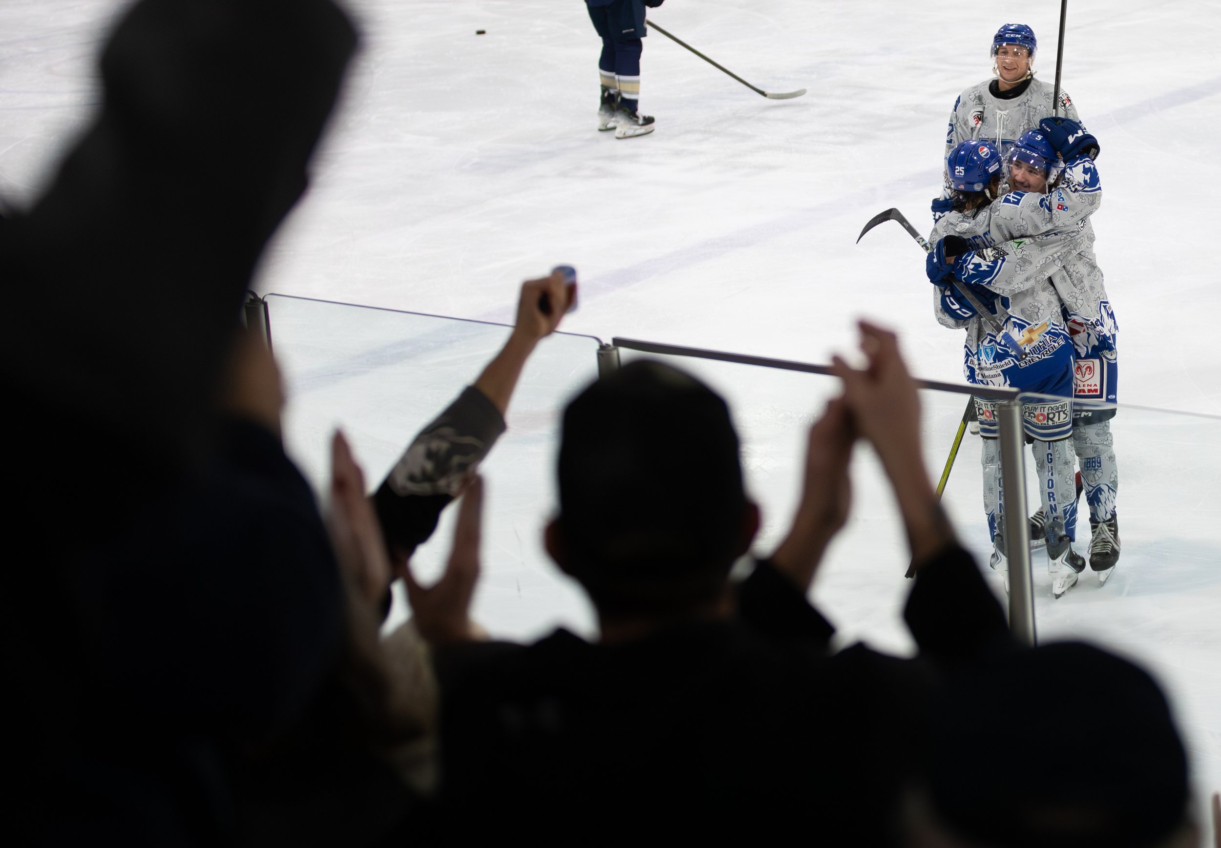 Helena Bighorns players and fans celebrate a goal during a game against the Yellowstone Quake at Steed Arena on Jan. 3, 2026.