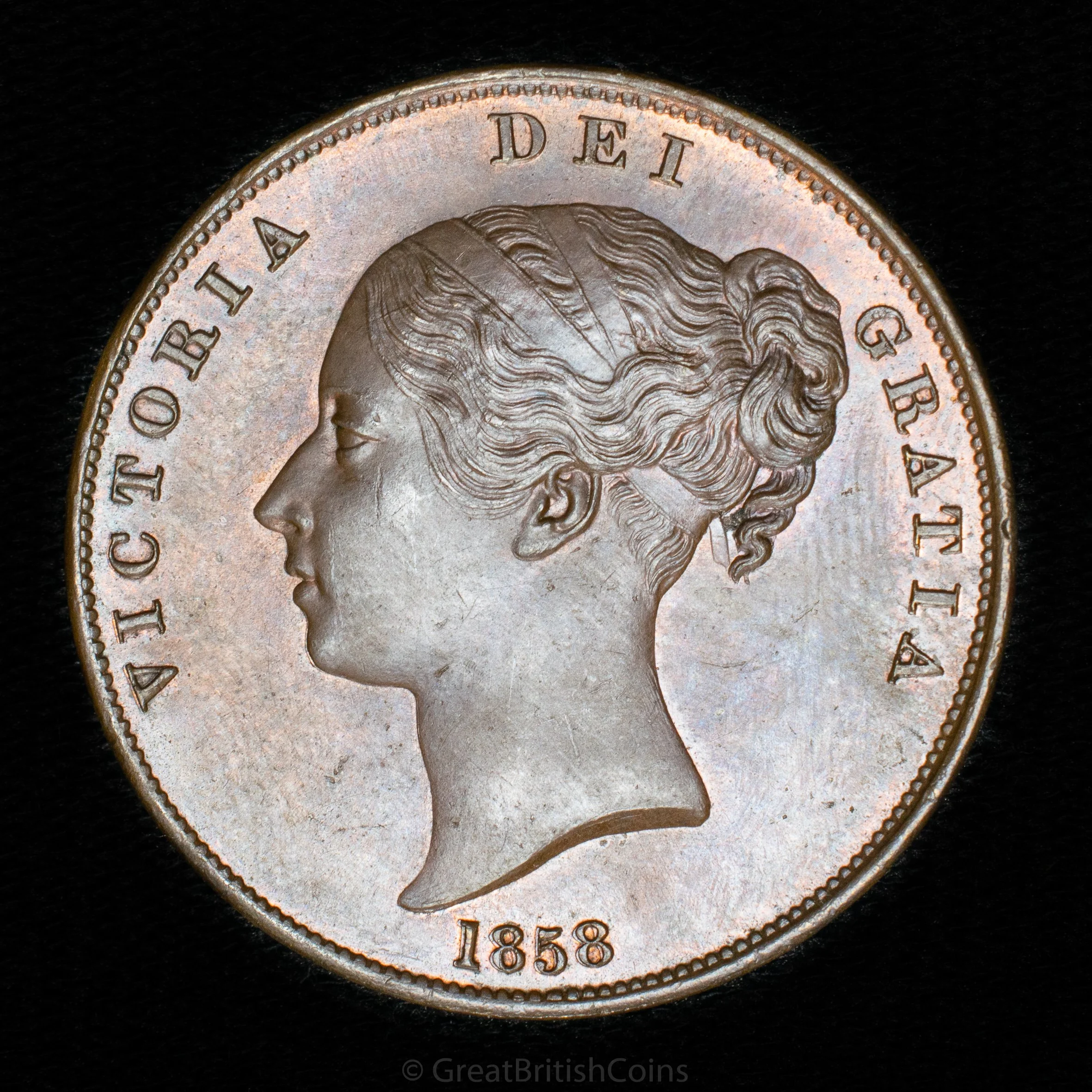 Victoria 1858 Copper Penny 'no w.w. on trun'