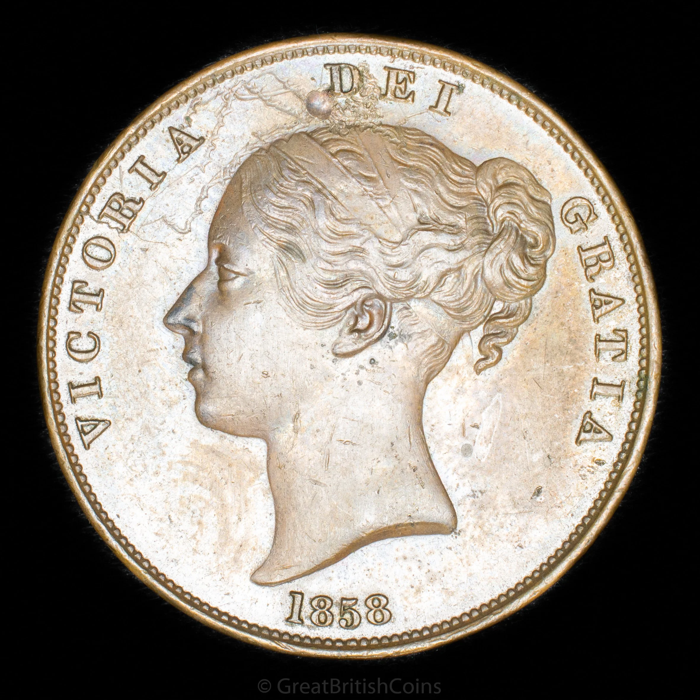 Victoria 1858 Copper Penny 'no w.w. on trun'