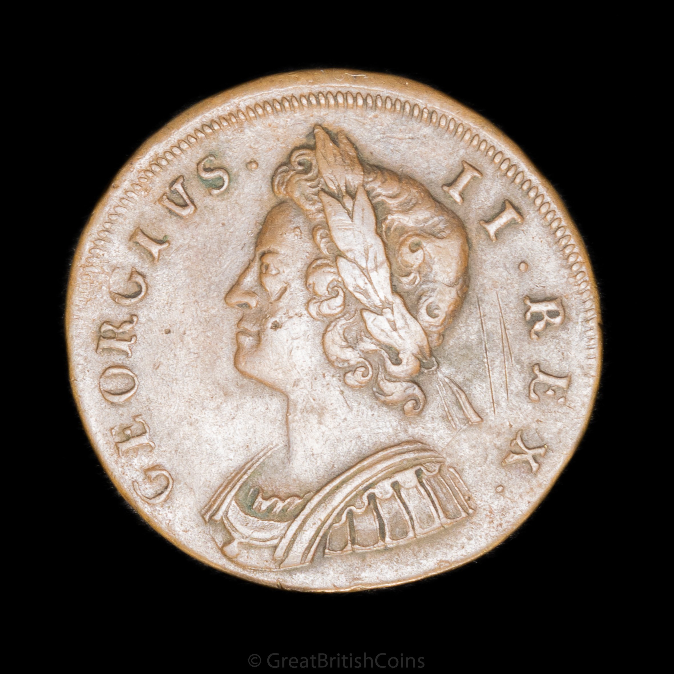 George II 1729 Copper Halfpenny (no stop on reverse)