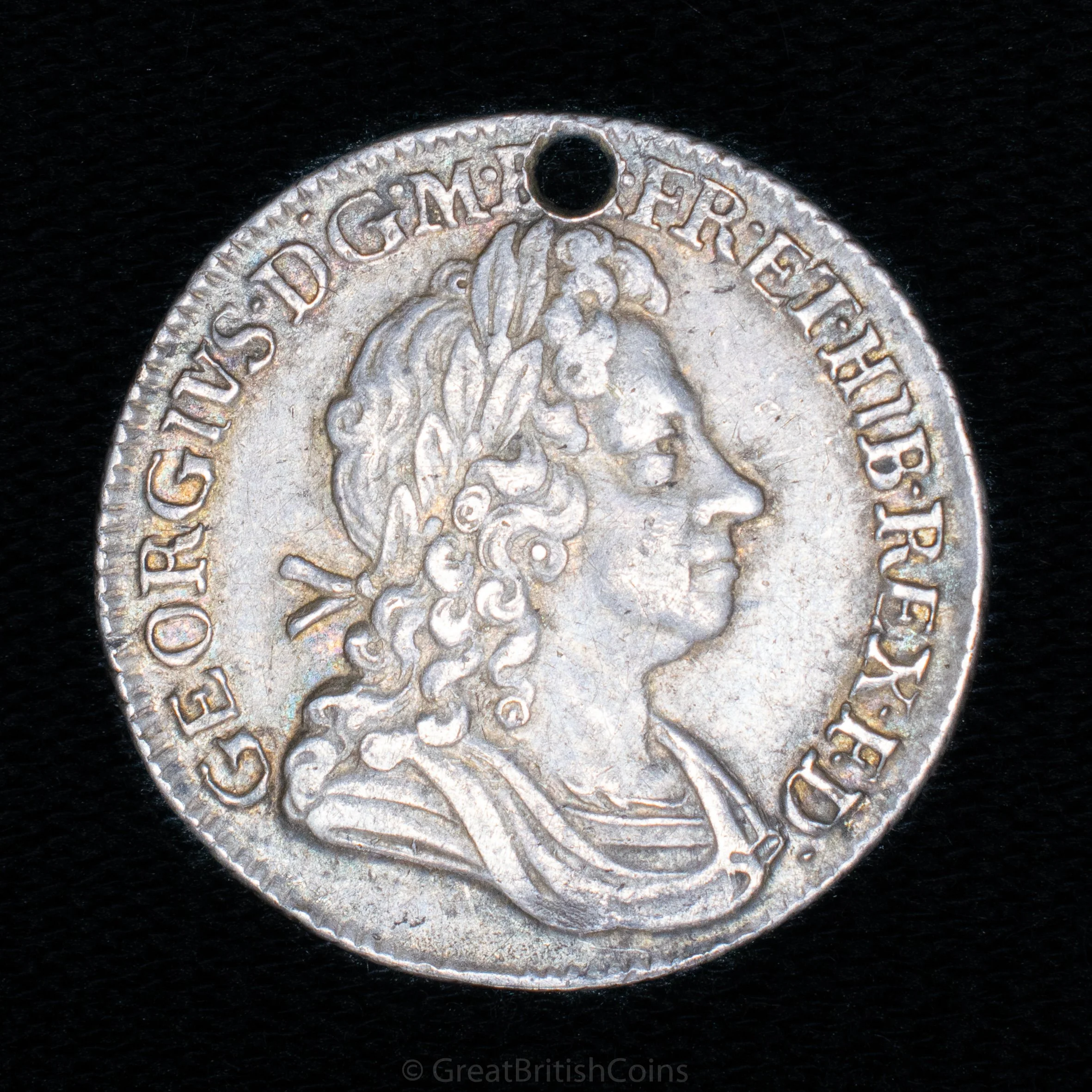 George I 1723 Silver Shilling 'S.S.C' (Holed)