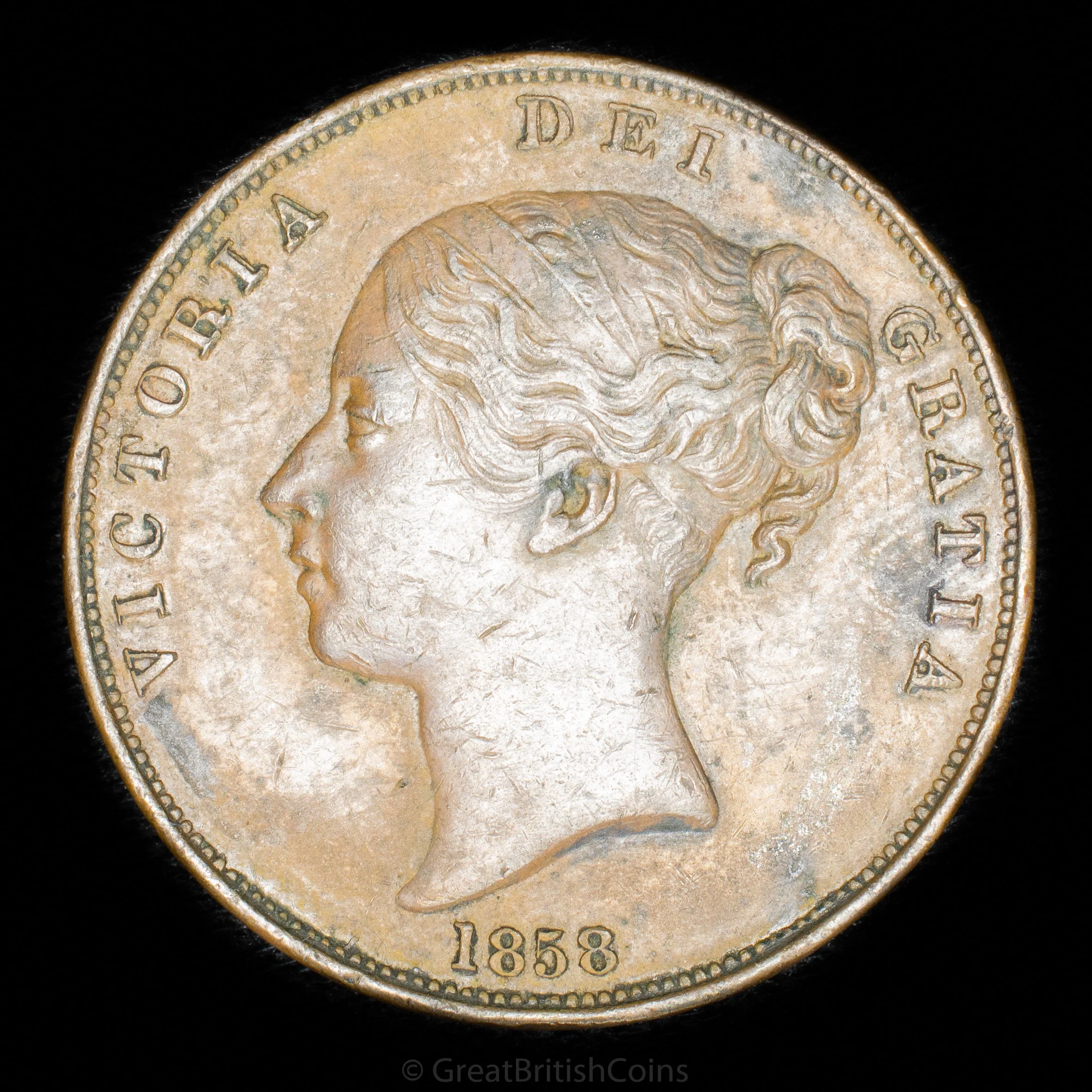 Victoria 1858 Copper Penny 'no w.w. on trun'