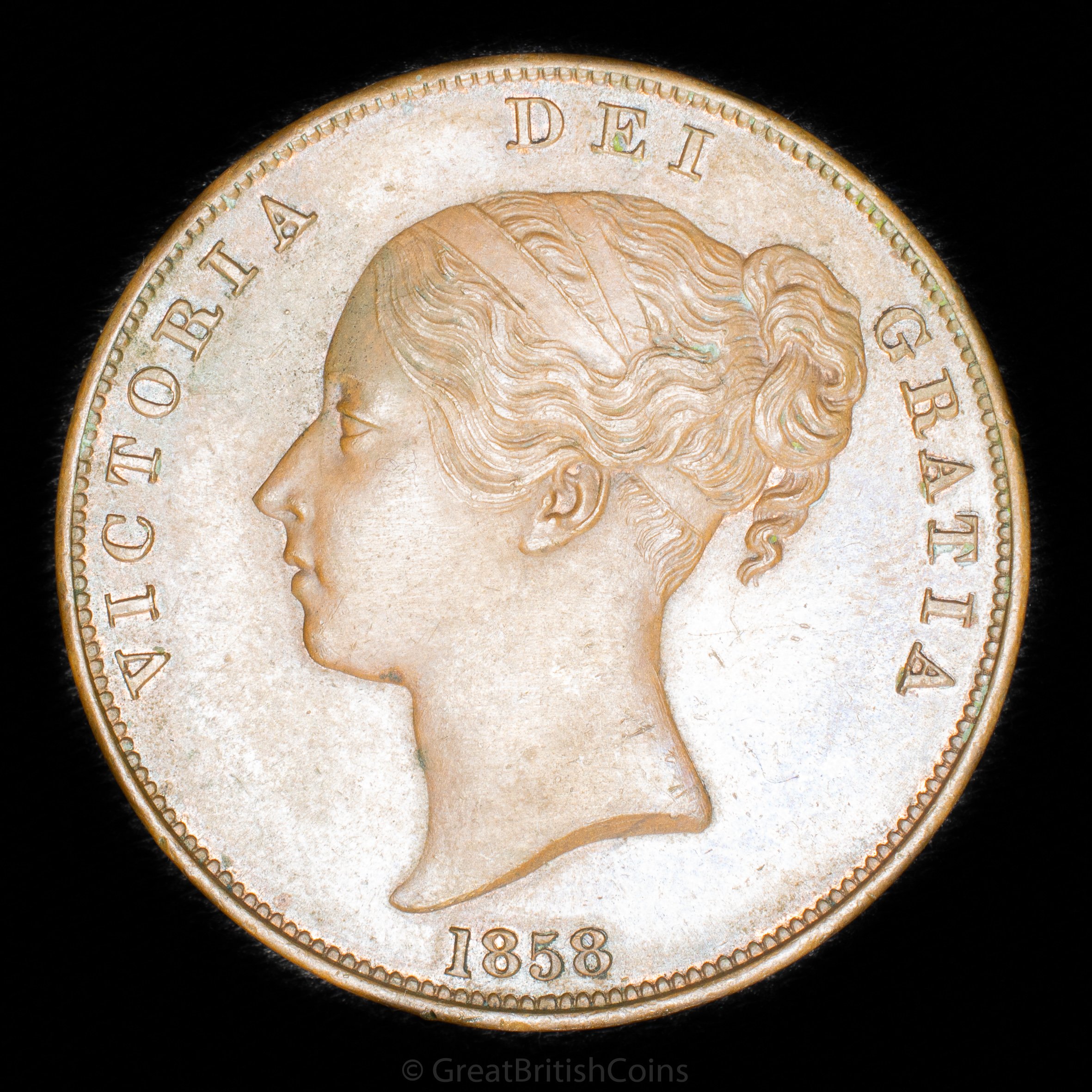 Victoria 1858 Copper Penny 'no w.w. on trun'