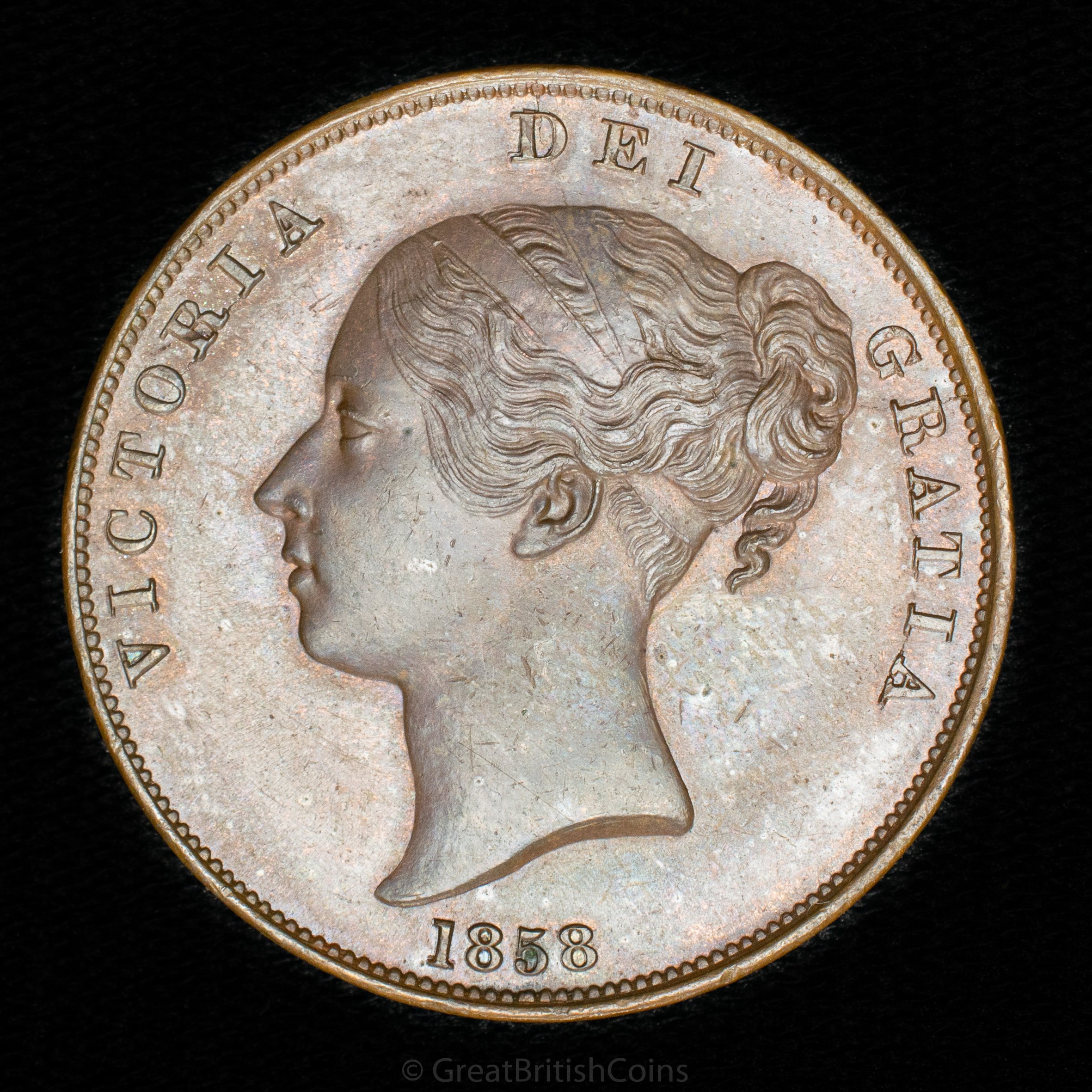 Victoria 1858 Copper Penny 'no w.w. on trun'