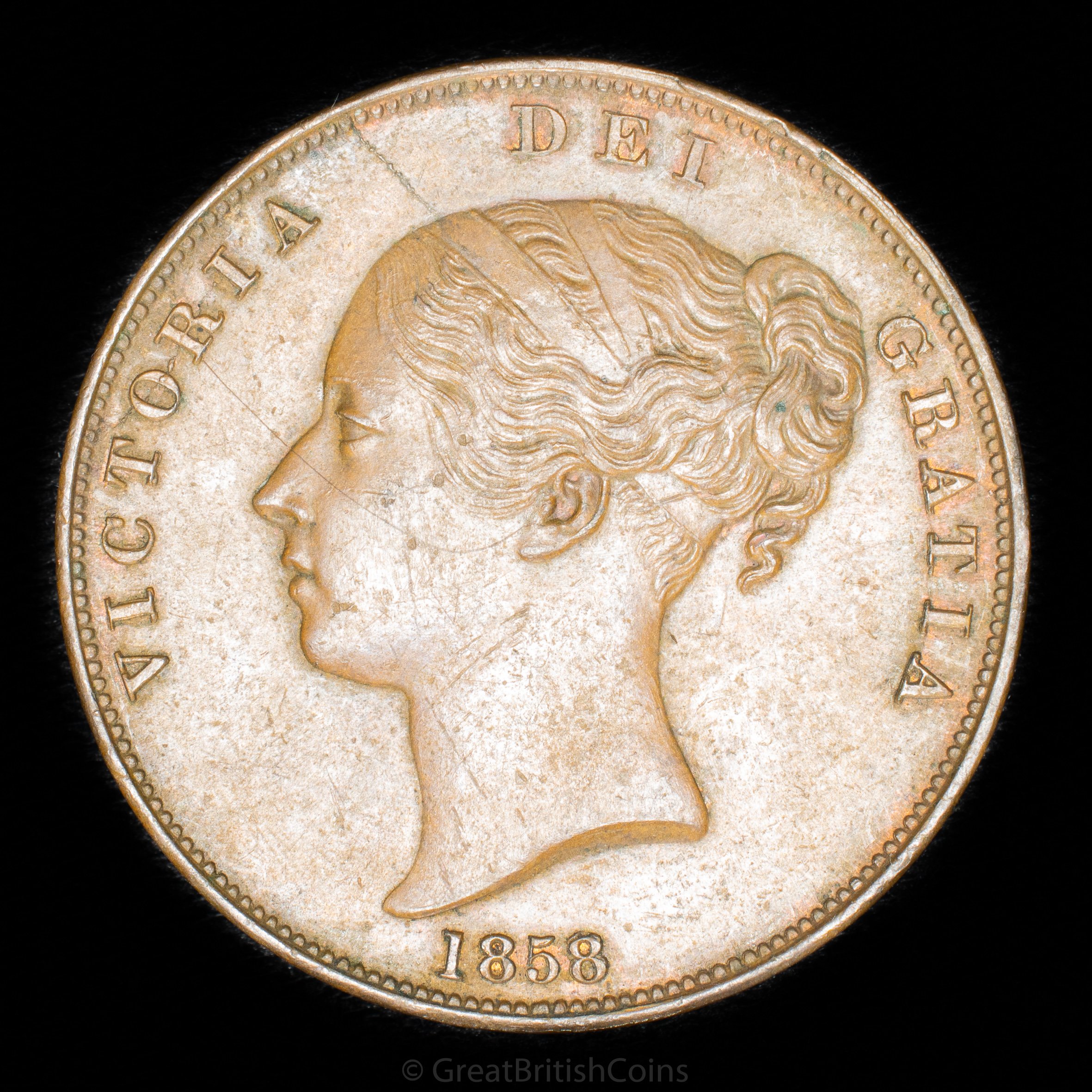 Victoria 1858 Copper Penny 'no w.w. on trun'