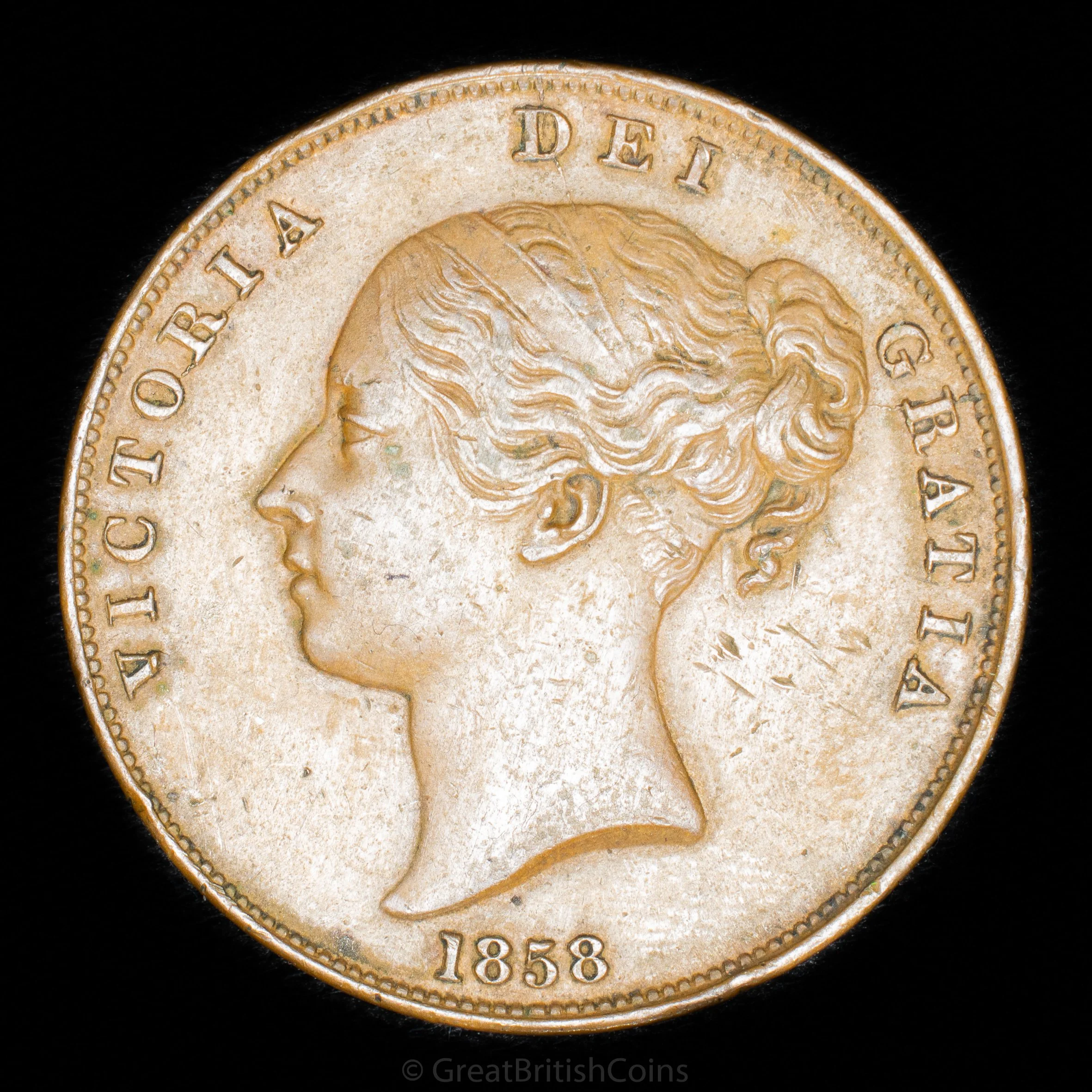 Victoria 1858 Copper Penny 'no w.w. on trun'