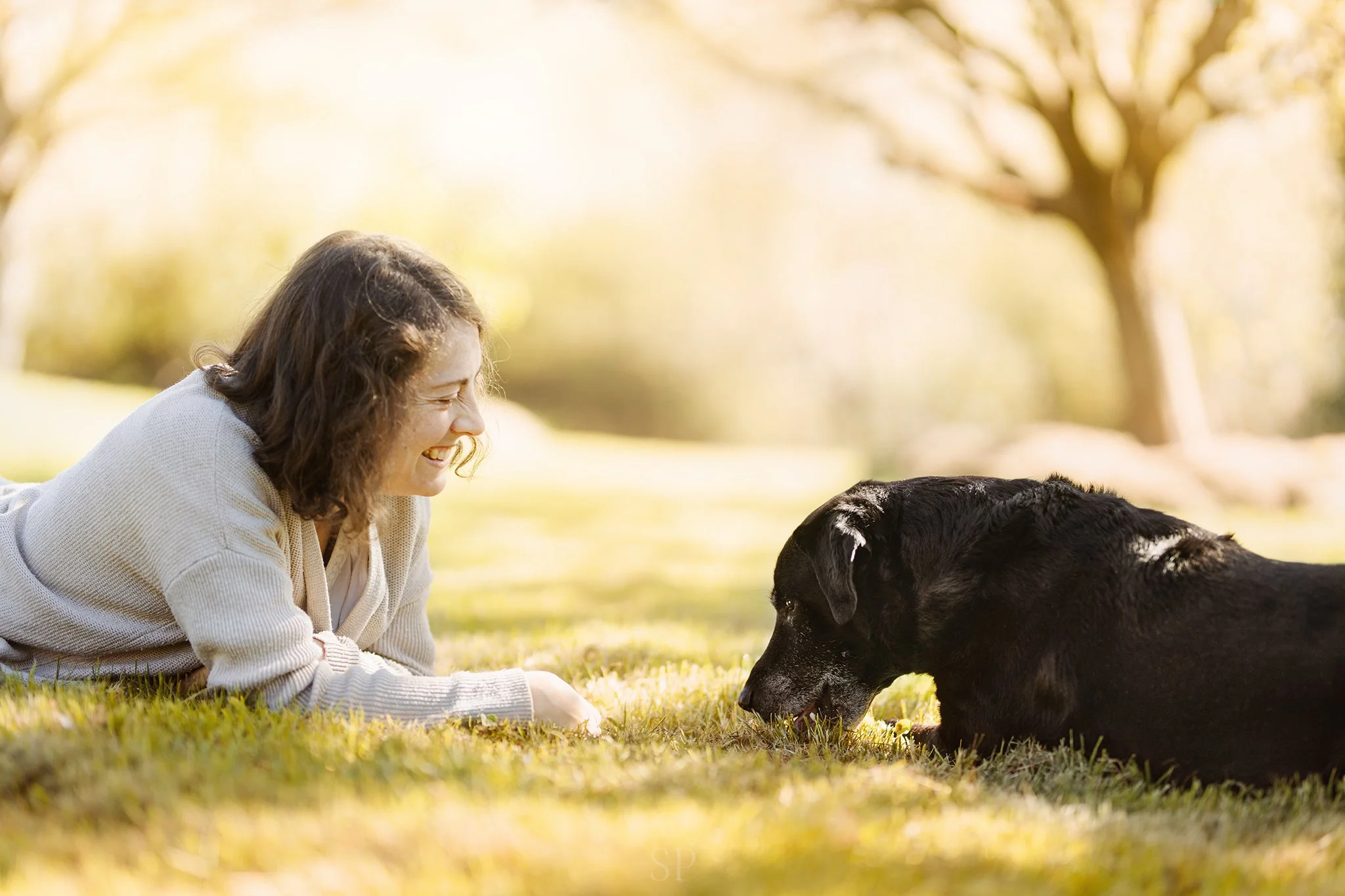 Une femme souriante joue avec un chien noir allongé sur l'herbe dans un parc en automne.