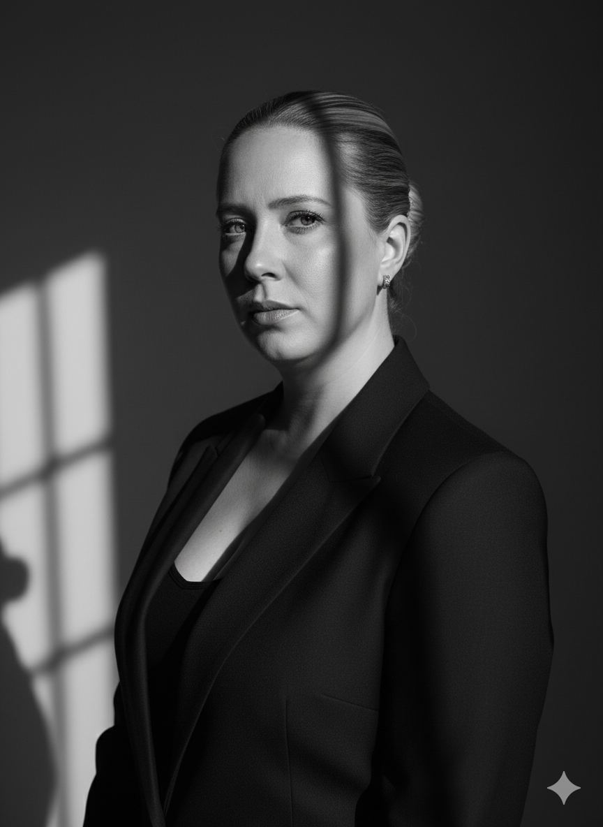 Black and white portrait of a woman wearing a blazer, standing in front of a window with sunlight creating a shadow pattern on her face, Brittany Loomis Founder of Anarche Collective
