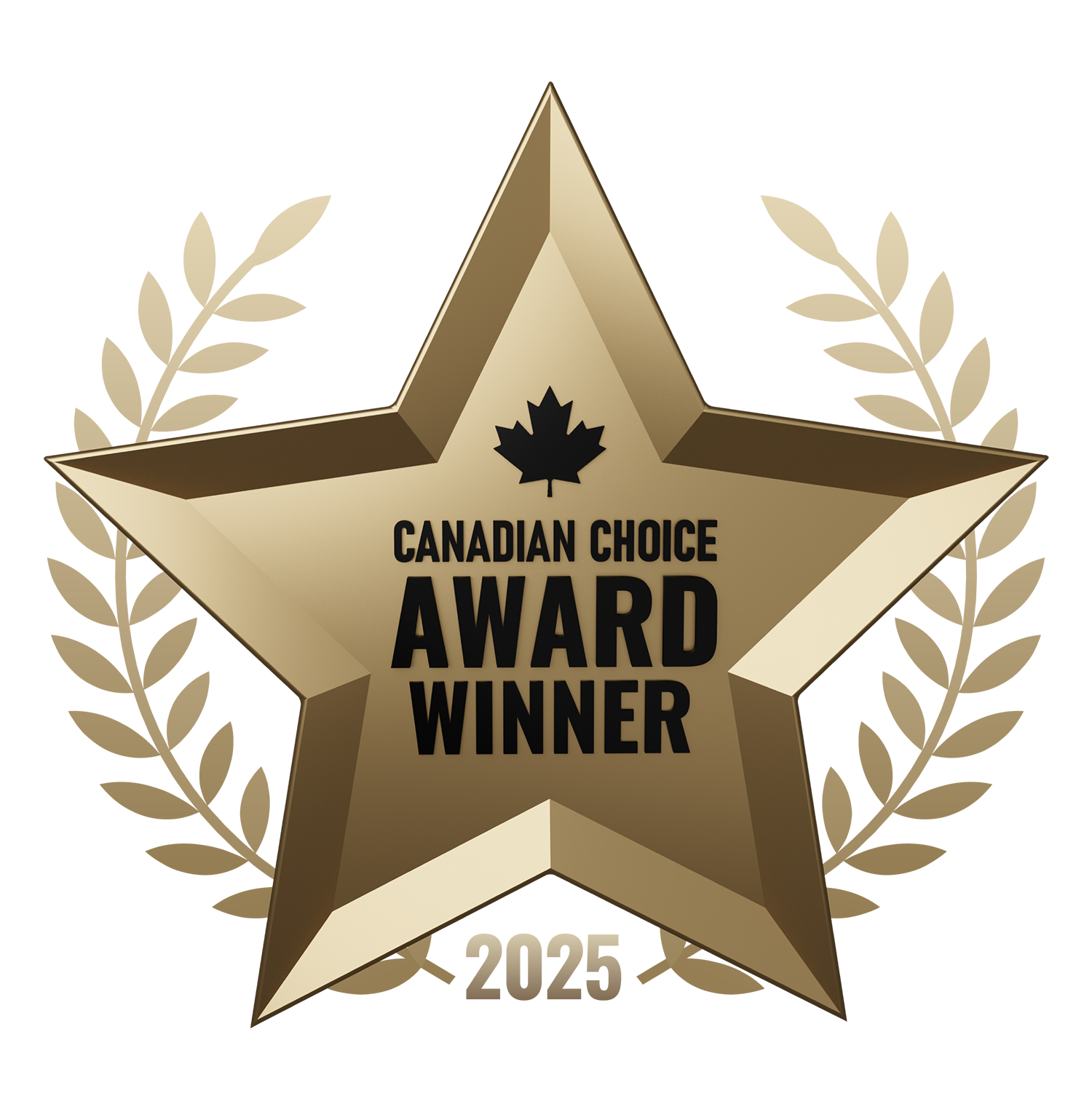 Gold star badge with black text that reads "Canadian Choice Award Winner 2025" and a black maple leaf symbol at the top.