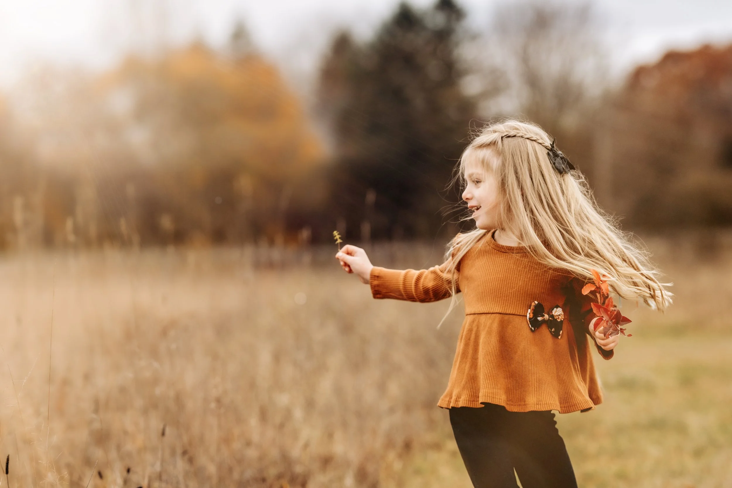 Young girl with blonde hair in a braid, holding autumn leaves and a small branch, standing in a field with trees showing fall colors in the background.