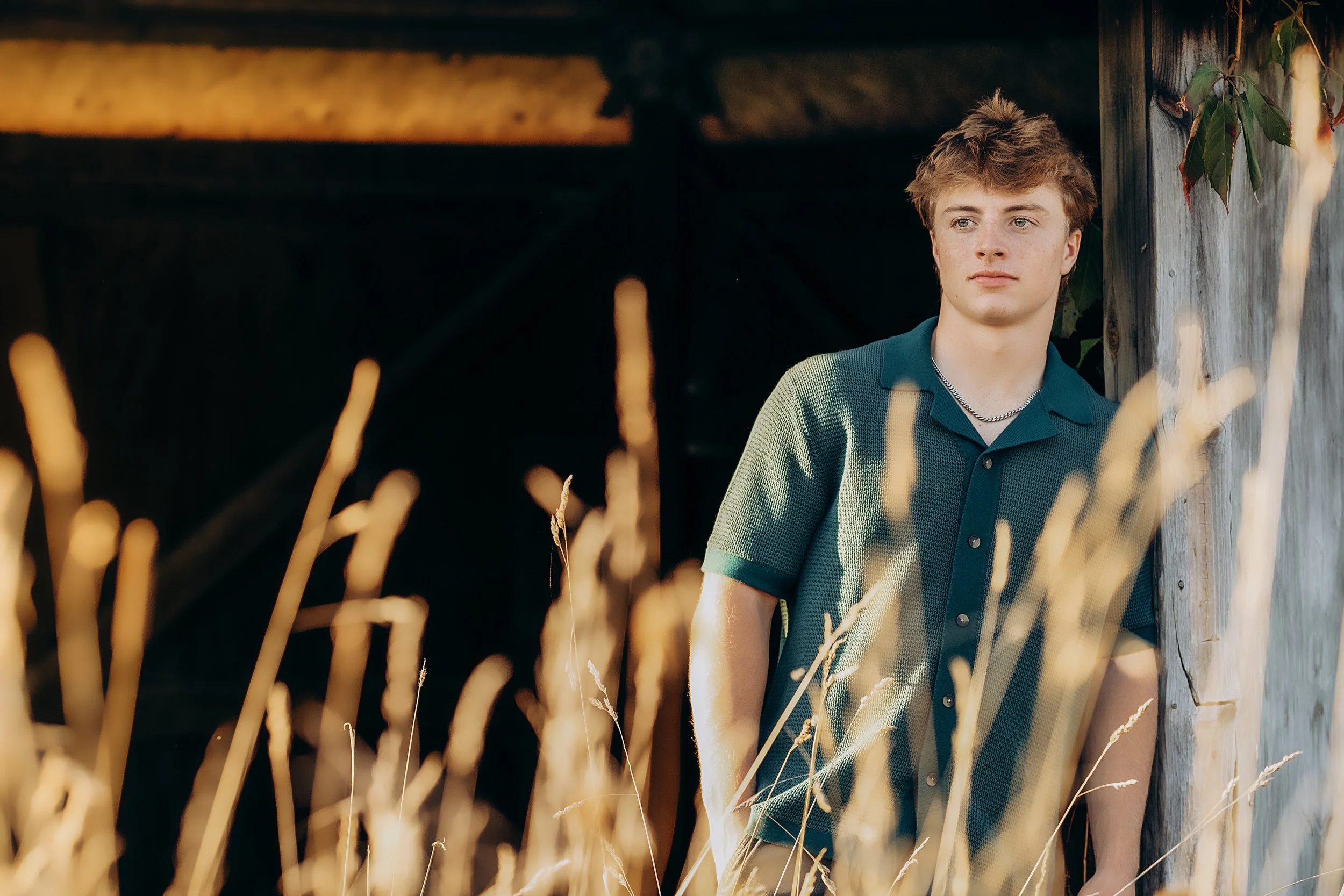 A young man with curly light brown hair leaning against a wooden post in a grassy field, looking into the distance.