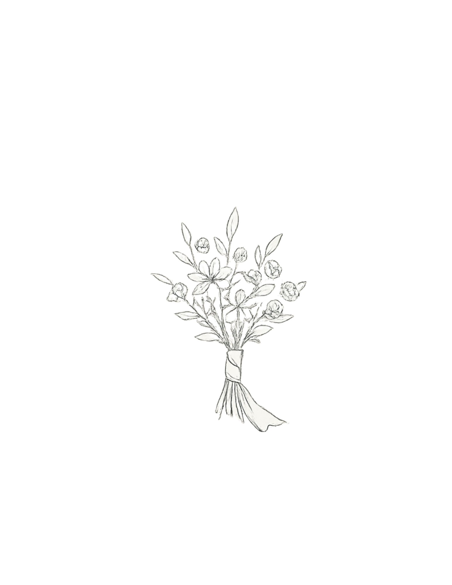Line drawing of a bouquet of flowers tied with a ribbon.