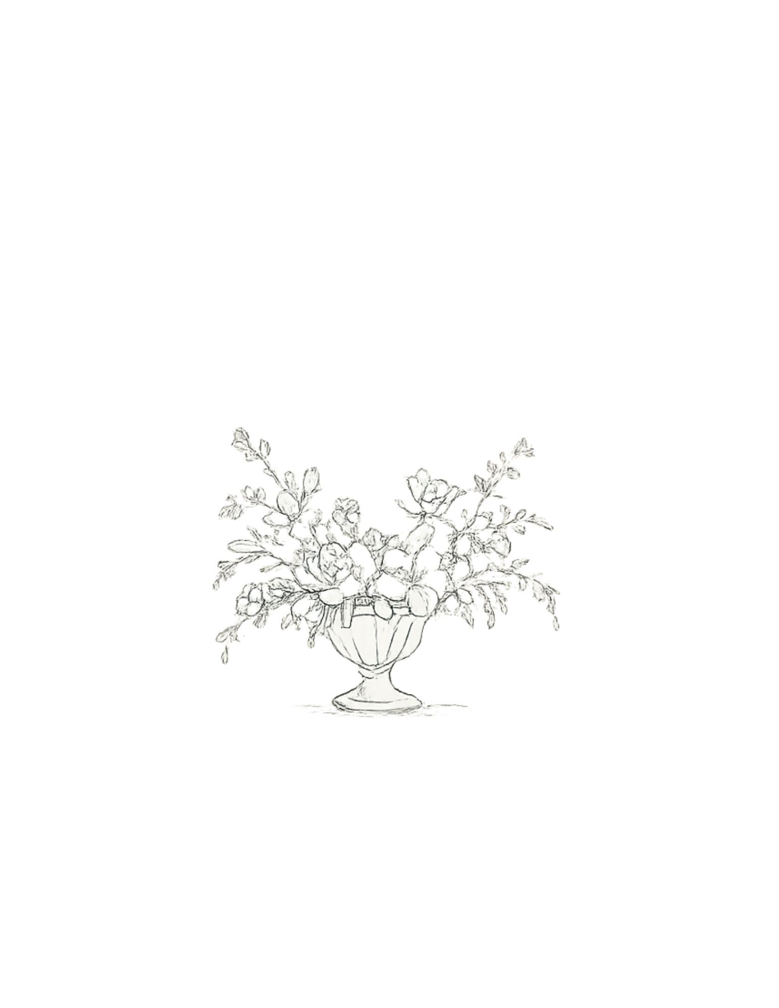 Line drawing of a decorative vase filled with flowers, including roses and other blossoms.