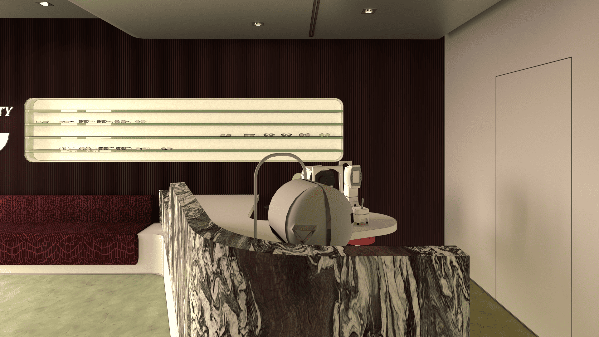 Interior view of an optical store displaying eyeglasses, with a marble counter and a computer in a modern setting.