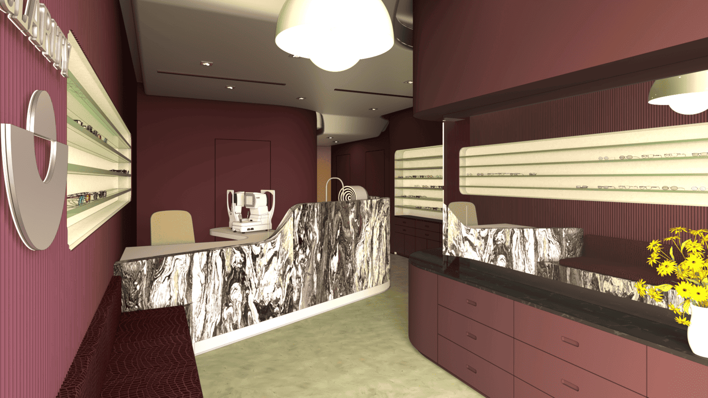 Interior of an eye care clinic with a curved marble reception desk, display shelves with glasses, and seating area with a plant and yellow flowers.