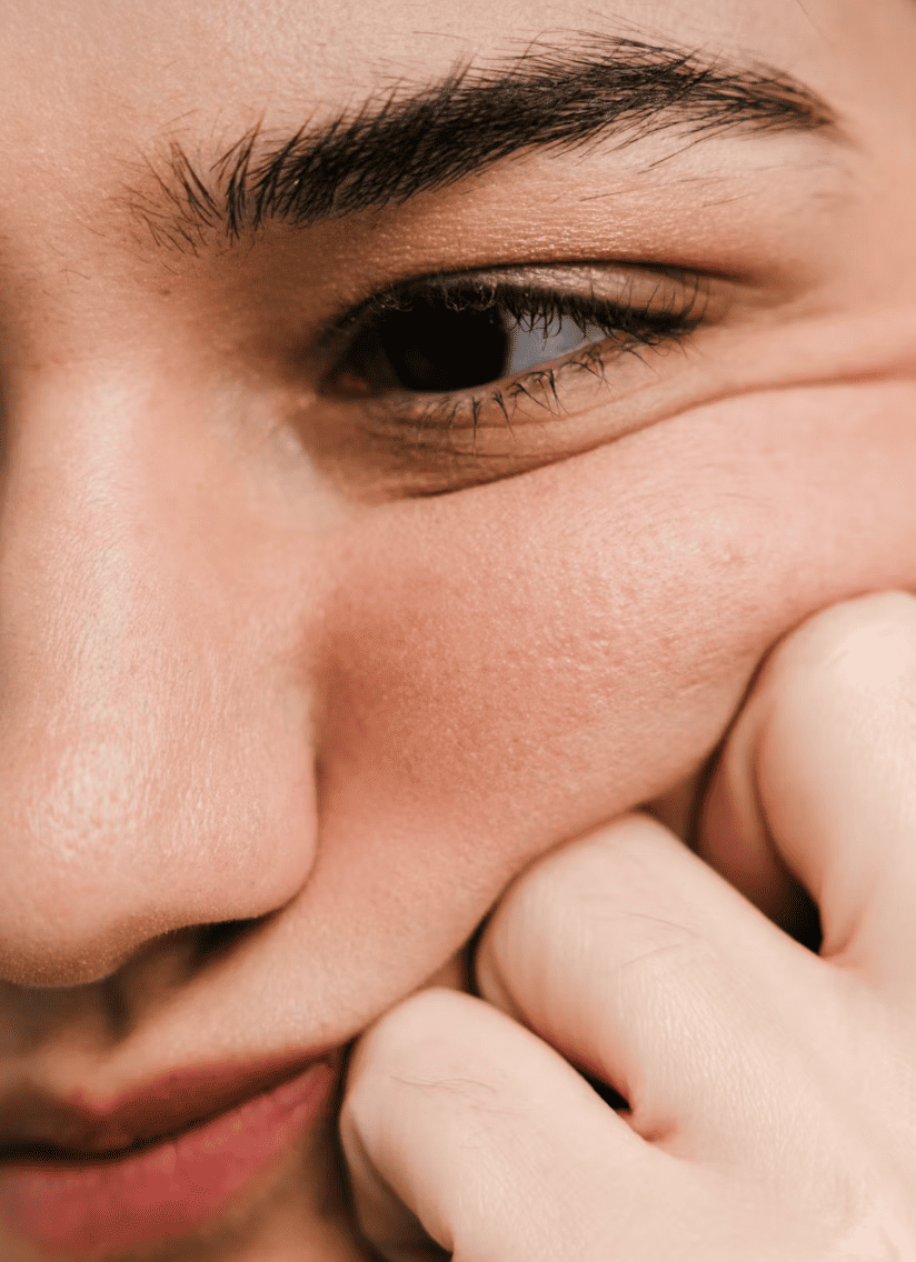 Close-up of a person smiling with their eyes closed, hand covering part of their face.