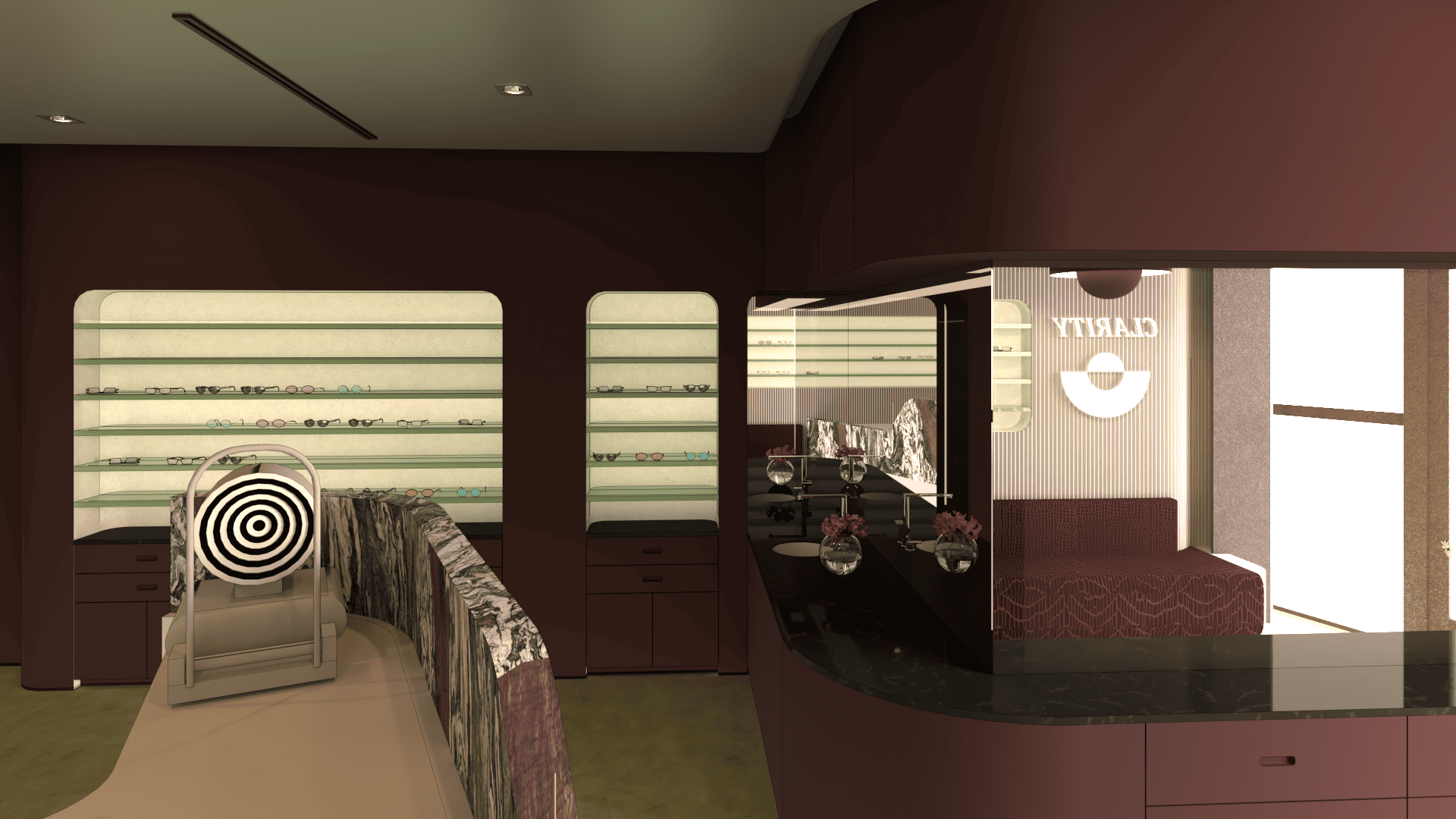 Interior of an eyewear store with shelves displaying sunglasses and eyeglasses, a display stand with a spiral pattern prop, and a seating area with flowers and a brand sign reading "GALLERY".