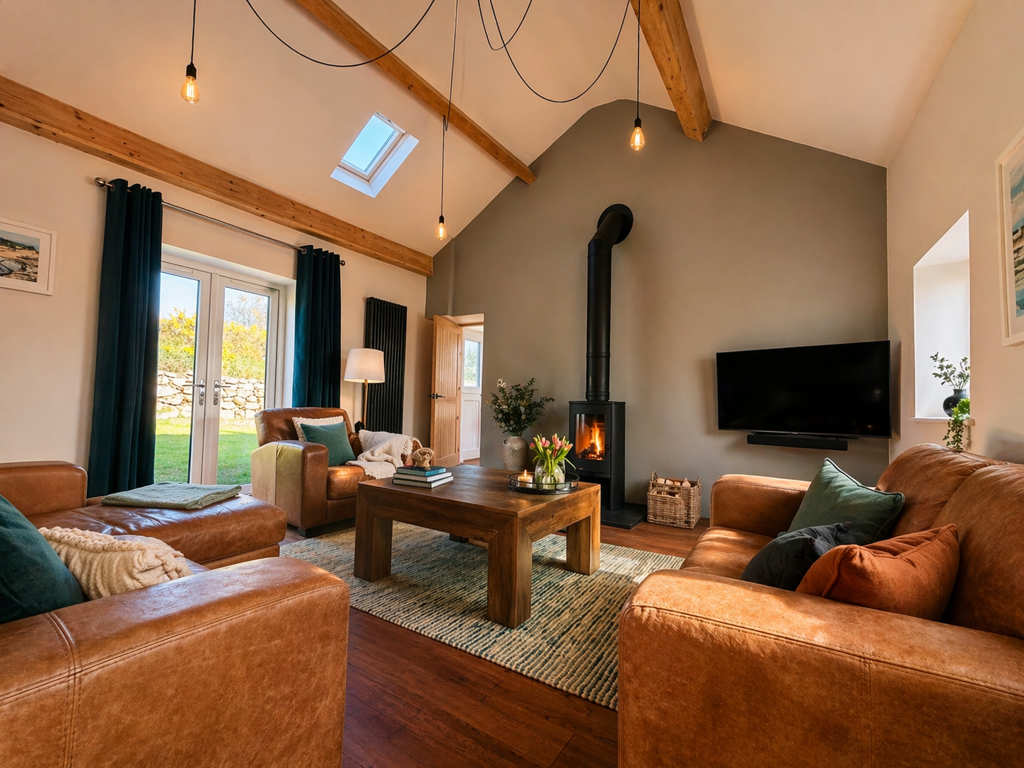 Lounge with log burner and exposed beams at Cwtch Nook, a holiday cottage on Anglesey.