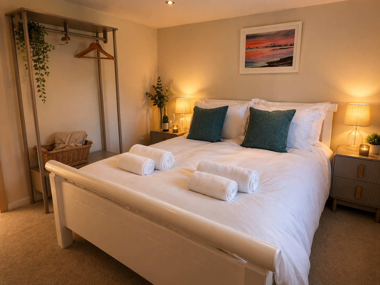 Double bedroom with beach artwork at Cwtch Nook, a dog-friendly holiday cottage on Anglesey
