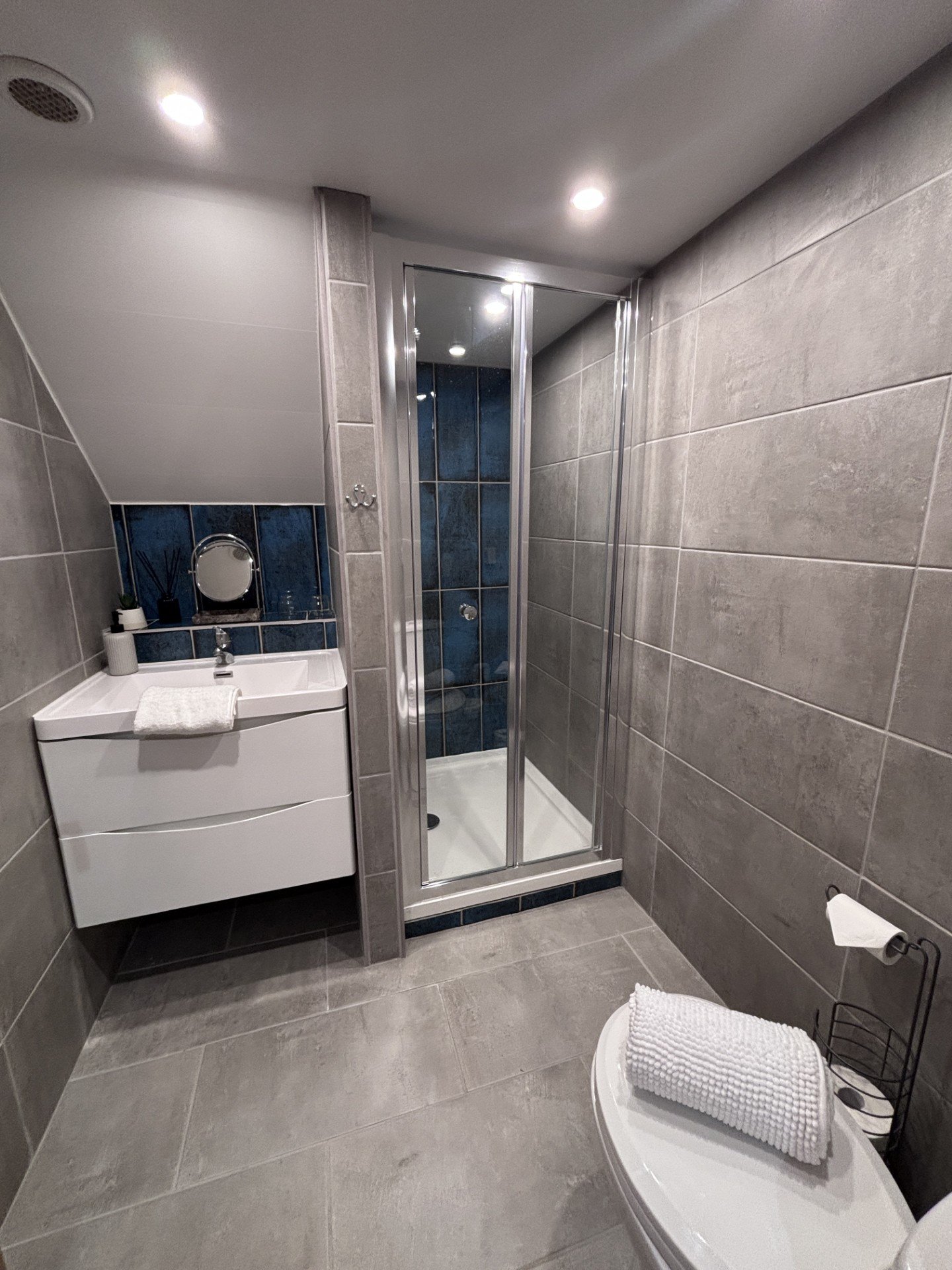 Modern shower room at Cwtch Nook, self-catering holiday cottage, Anglesey.