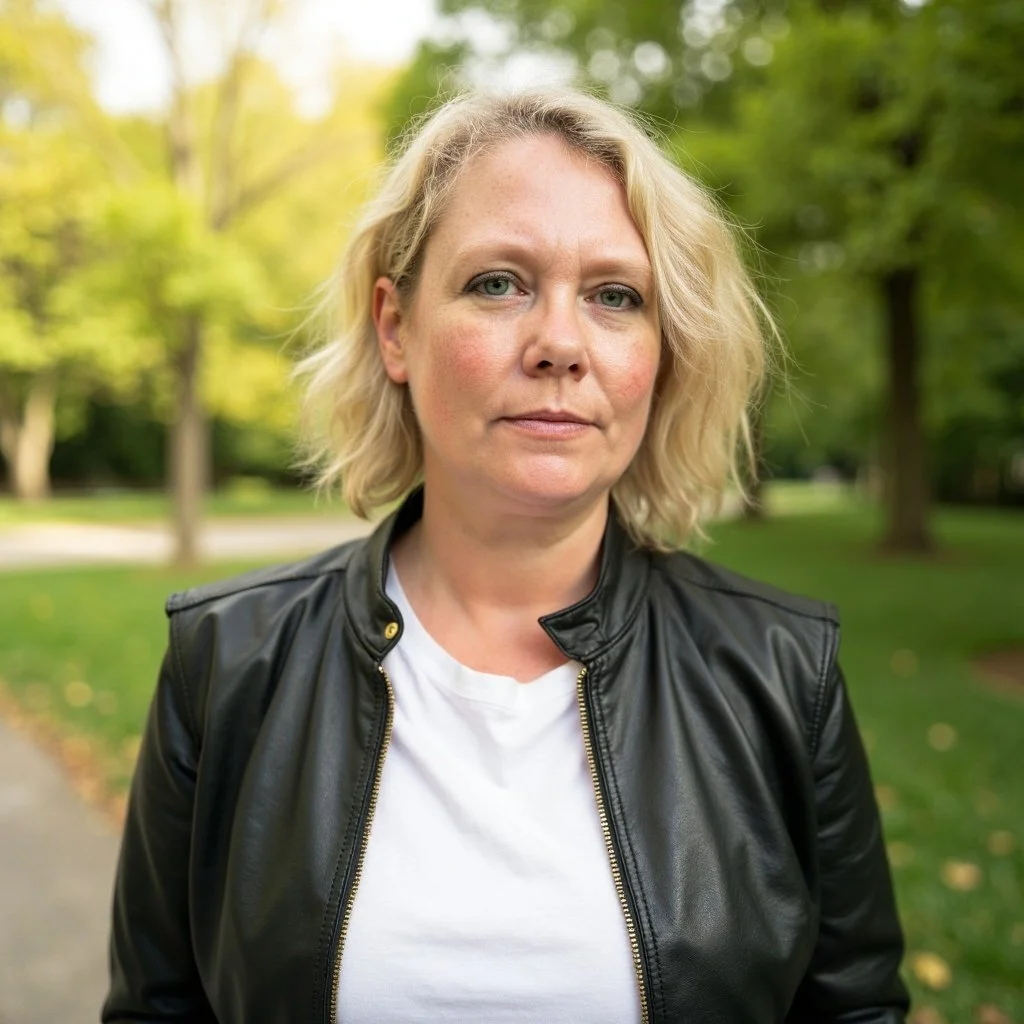 A woman with blonde hair wearing a black leather jacket and white shirt standing outdoors in a park with green trees and grass.