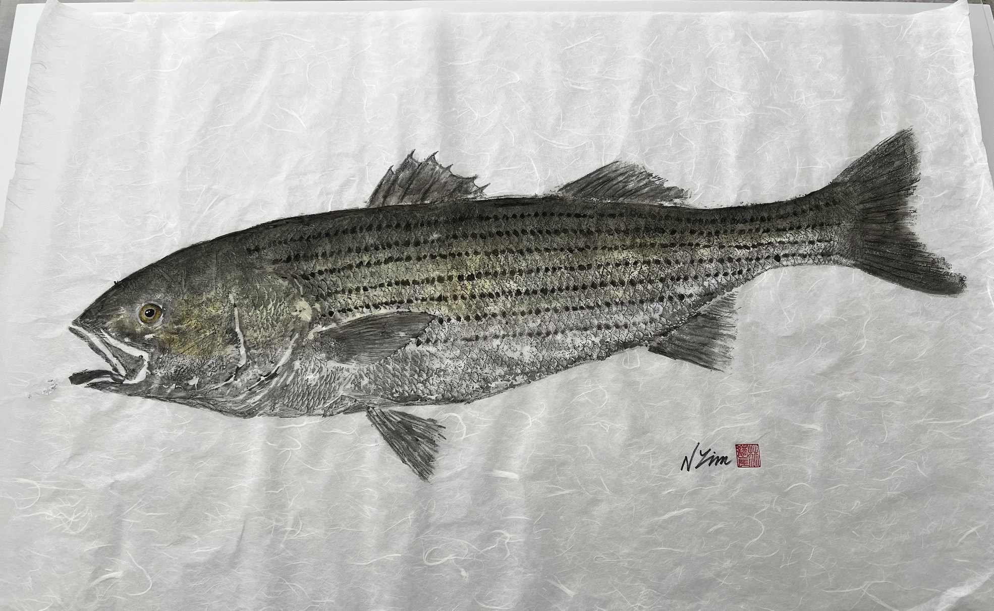 A detailed illustration of a fish, depicted in black ink on textured paper, with signature and red stamp at the bottom right.