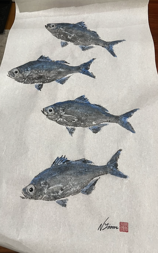 Four realistic fish illustrations on paper, signed by the artist, with a red stamp.