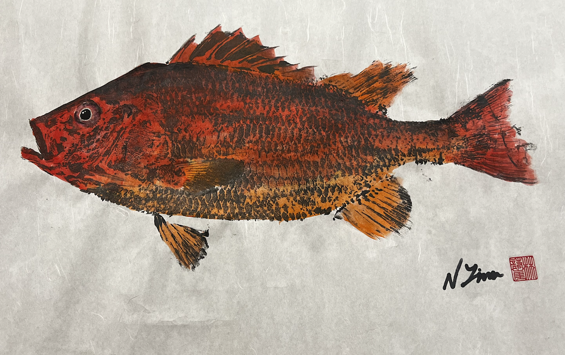 A detailed watercolor painting of a fish with red and orange scales, against a plain background, signed by the artist.