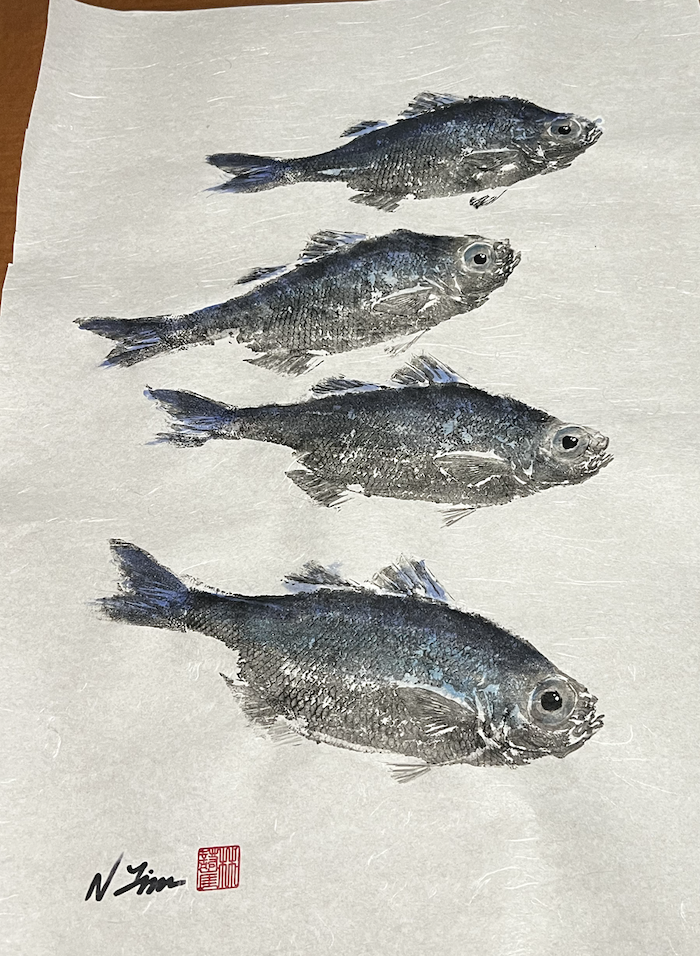 Four fish artworks arranged in a vertical line on paper, signed by the artist in the bottom left corner.