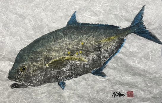 Illustration of a fish with yellow spots on its side, swimming against a light textured background.