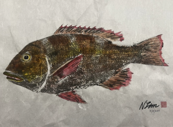 Painting of a fish with detailed scales, fins, and coloration featuring brown, yellow, and reddish accents, signed by the artist with the date 7/15/2005.