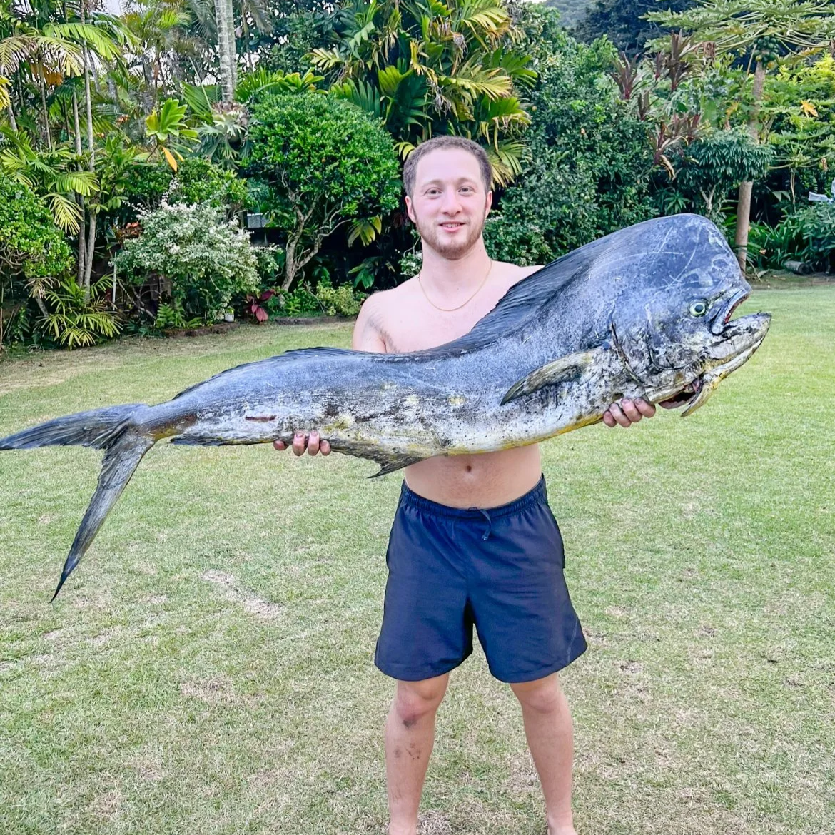 A shirtless man in shorts standing on grass in a garden, holding a very large fish horizontally in front of him. The fish is big, with a dark back, streamlined body, and open mouth, and the background features lush green plants and trees.