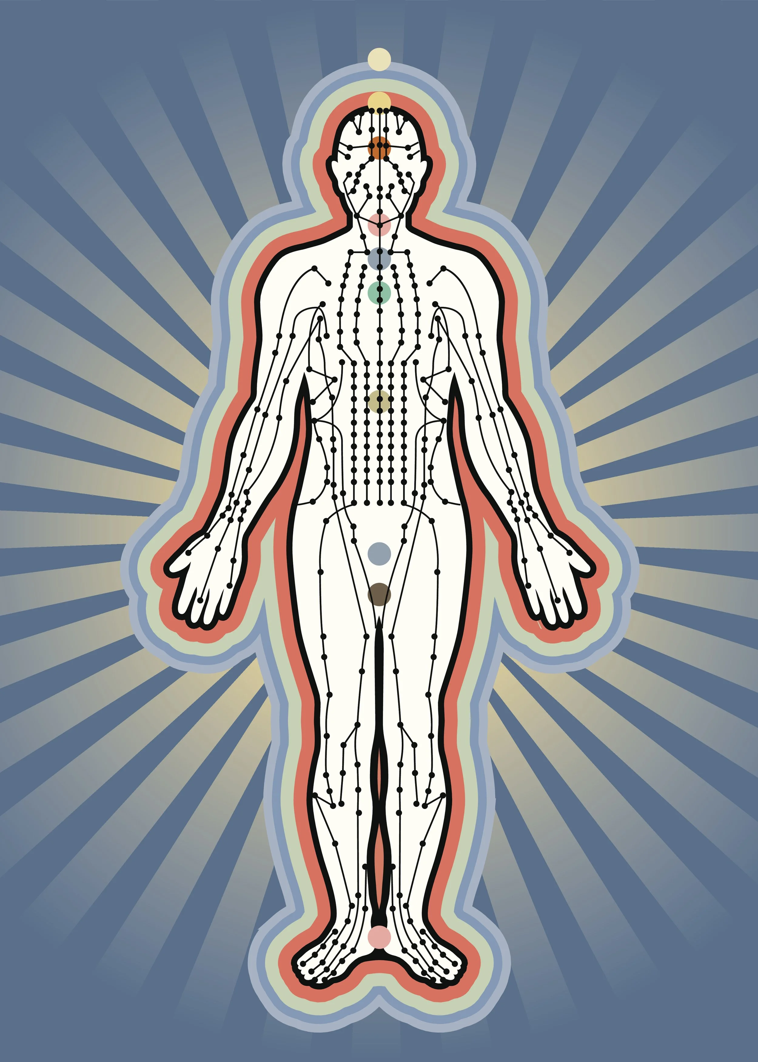 Illustration of a body with lines (meridians) on body