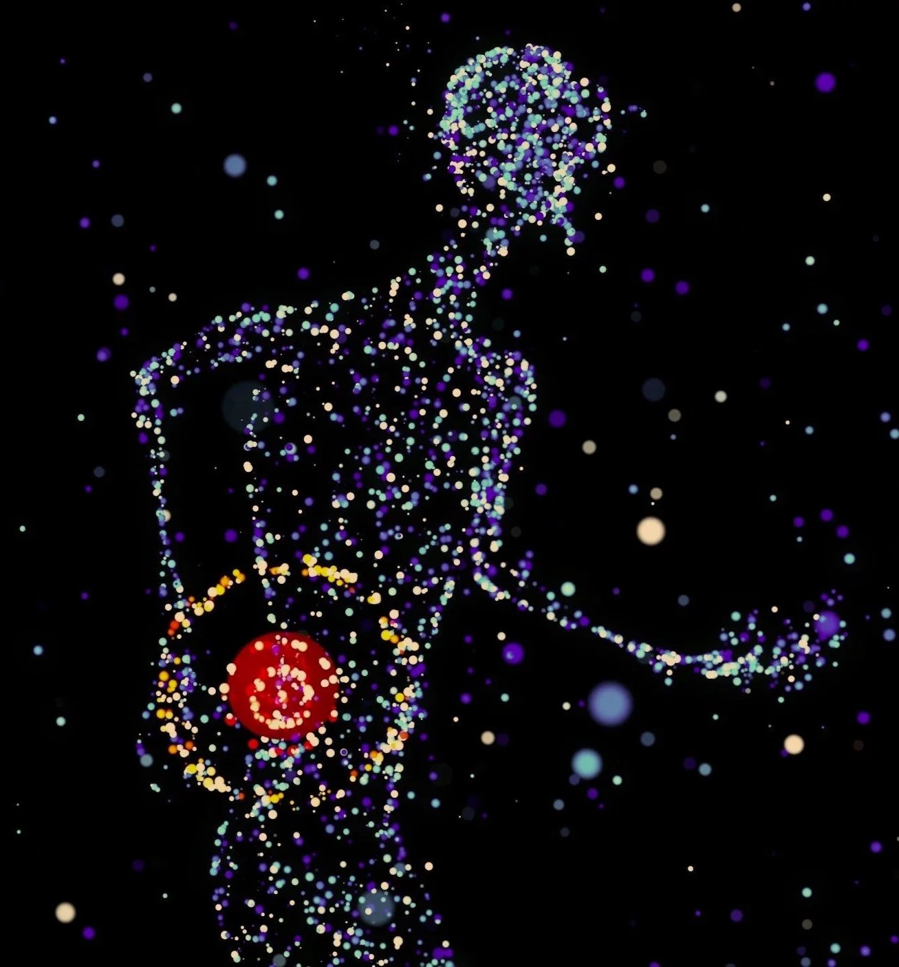 abstract illustration of human body with red circle at low back indicating pain
