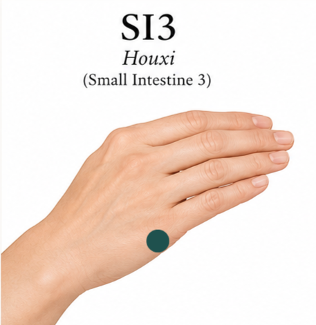 Picture of a hand with a green dot on the lateral side showing location of acupuncture point Small Intestine 3
