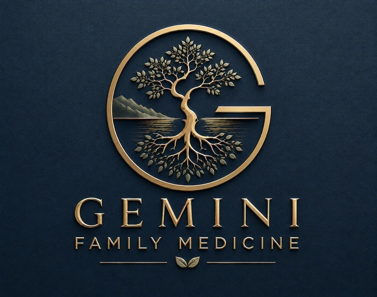 Gemini Family Medicine logo which is a dark blue background with a gold G containing a tree