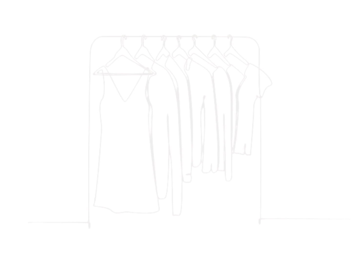 Outline drawing of a clothing wardrobe with hangers holding various garments such as dresses and shirts.