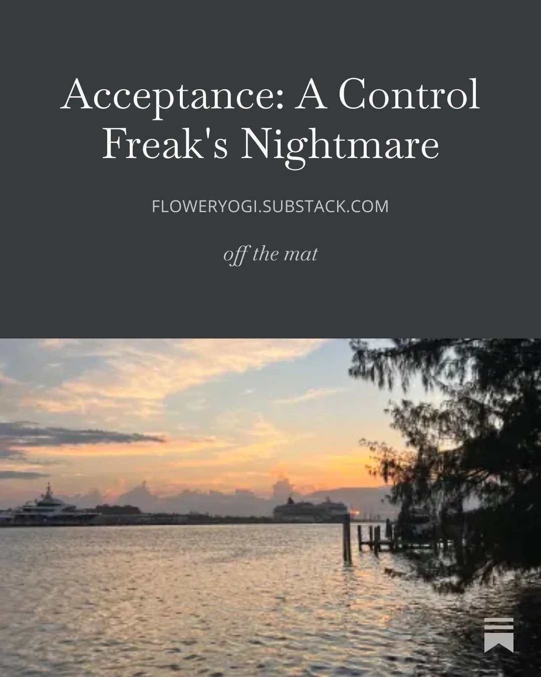 A sunset over the water with boats docked at a pier and trees on the shoreline.
