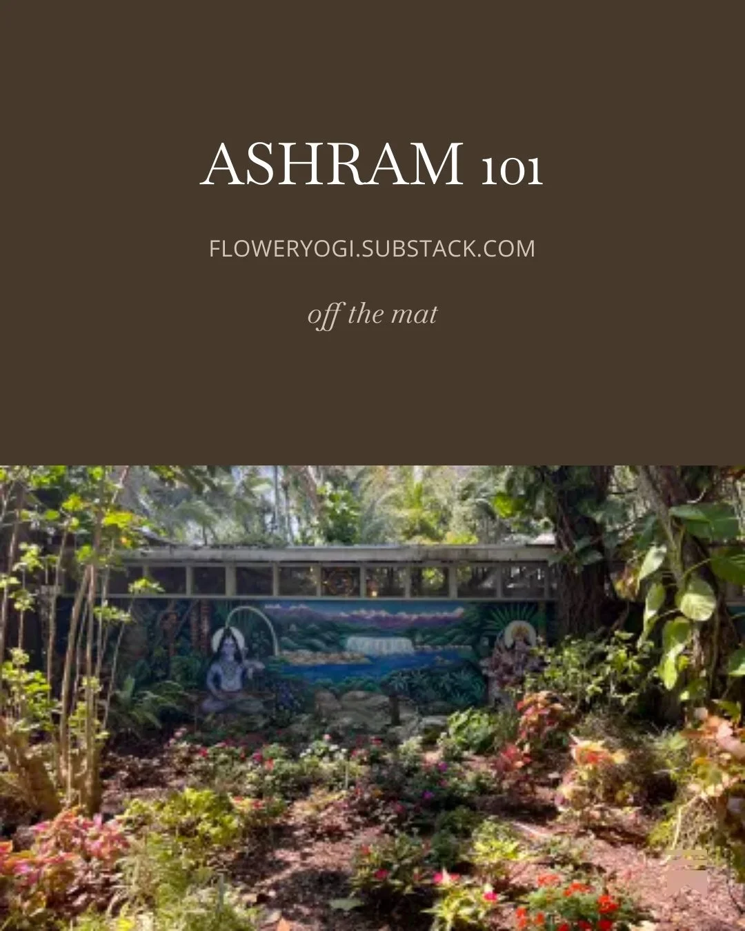 A lush garden area with colorful flowers and plants, featuring a mural of waterfalls and a serene landscape painted on a wall in the background.