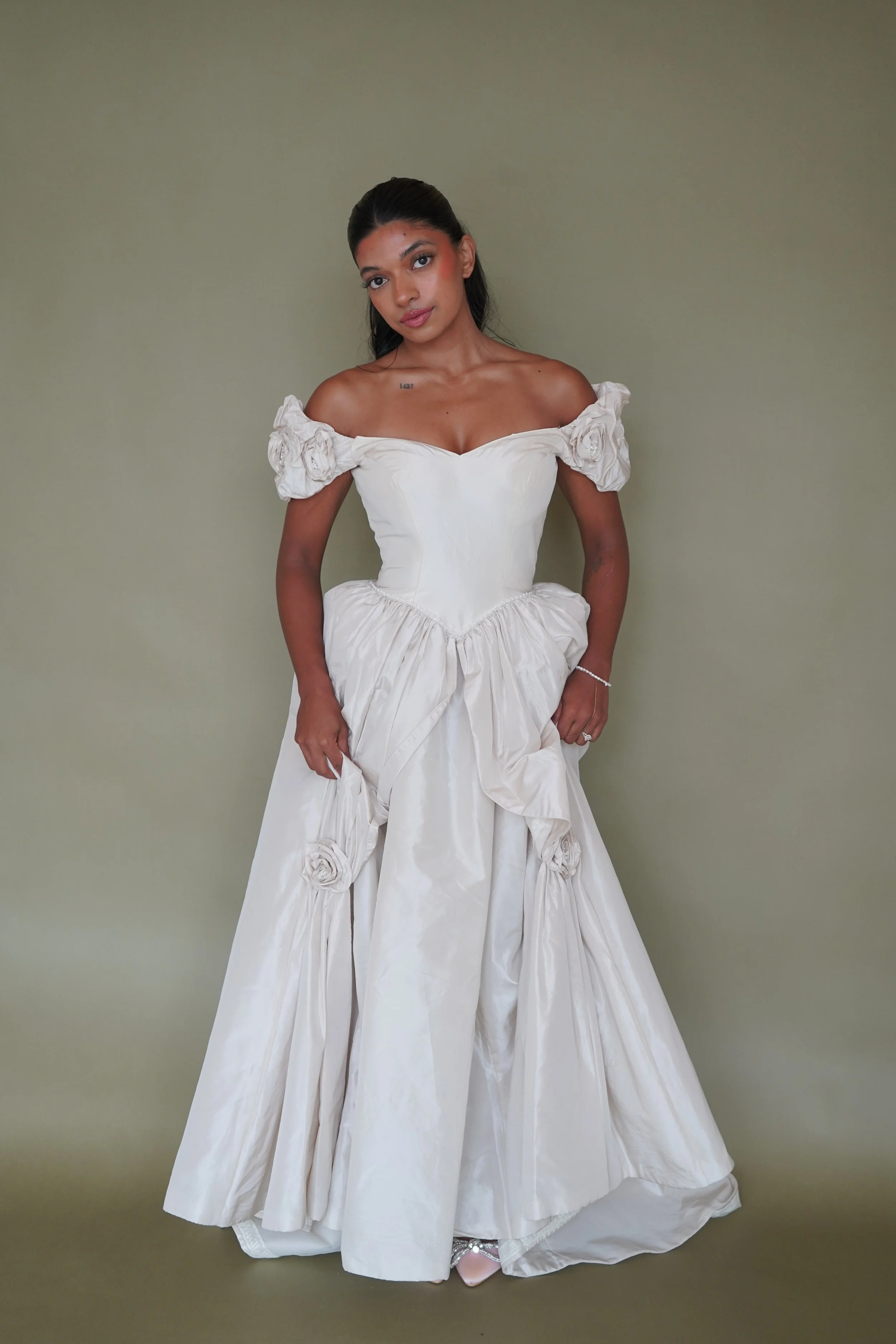 Vintage 1990s Priscilla of Boston Silk Taffeta Basque Waist Rosette Wedding Gown