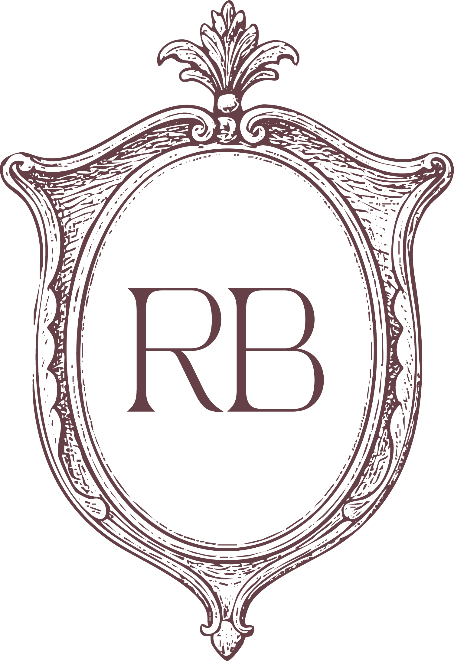 Elegant black and purple emblem with an ornate border and the initials R B in the center.