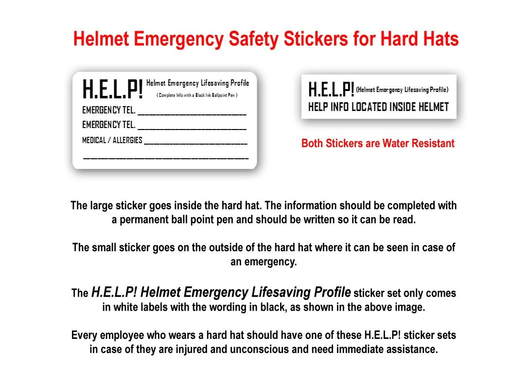 Hard hat HELP helmet emergency lifesaving profile safety stickers set, and how they are used to assist first responders in a medical response if an employee is injured or unconscious.